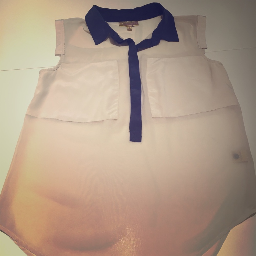 New Vera Wang Cream/tan with blue Blouse
